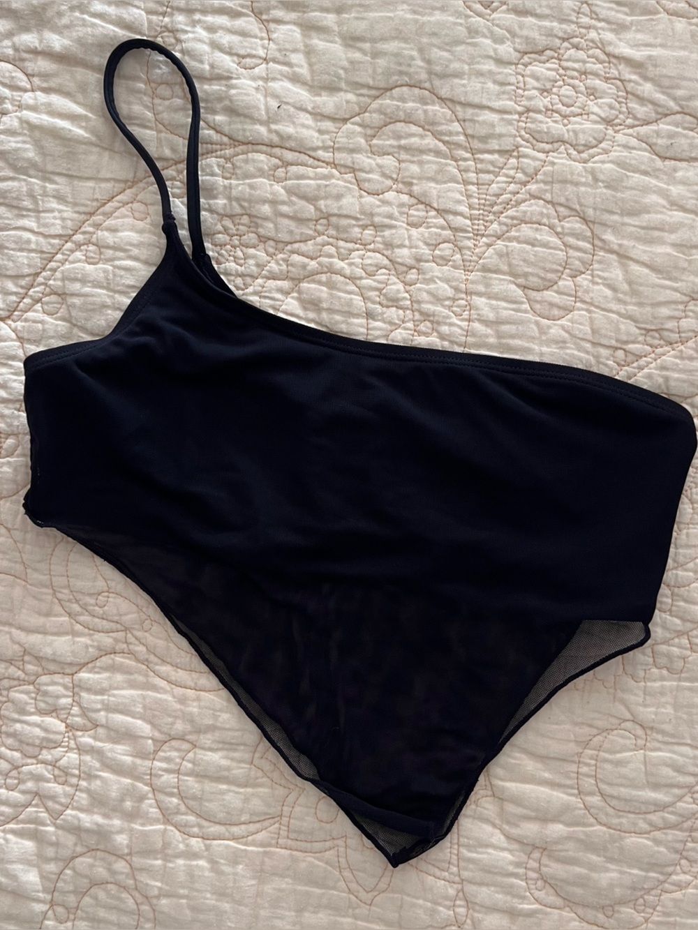 Women’s Asymmetric One-Shoulder Black Crop Top with Mesh Detail